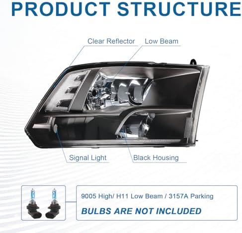 Faros para Dodge Ram 1500-5500 2009-2018, halógenos negros claros