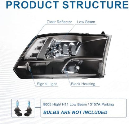 Faros para Dodge Ram 1500-5500 2009-2018, halógenos negros claros